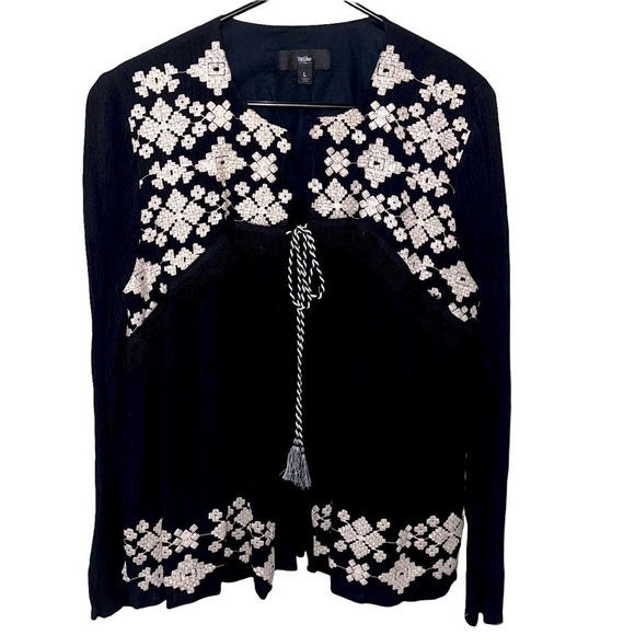 Mossimo BLACK/OFF WHITE EMBROIDERED JACKET WITH TIE FRONT SIZE LARGE - Picture 1 of 2